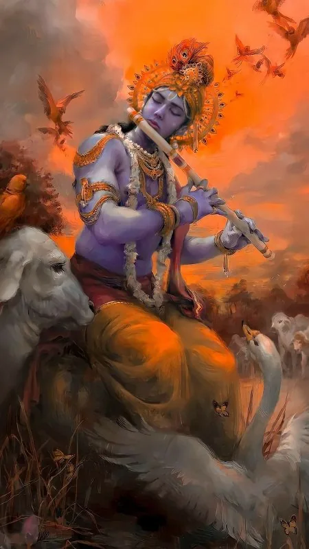 Krishna Fluting Amid Fiery Sky Radha Krishna Wallpaper