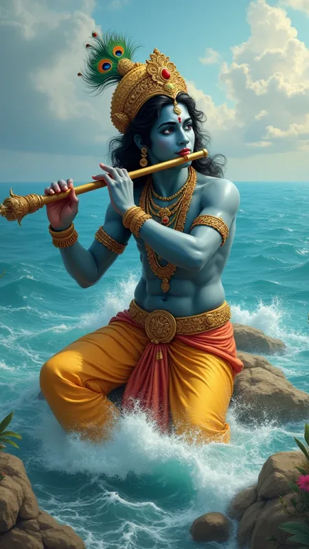 Krishna Fluting By Ocean Radha Krishna Wallpaper