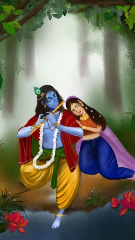 Forest Stroll Flute Serenade Radha Krishna Wallpaper