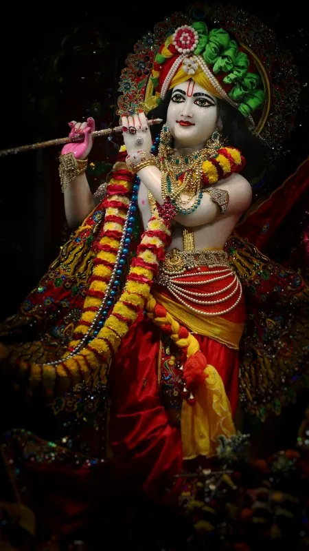 Garlanded Krishna Temple Idol Radha Krishna Wallpaper