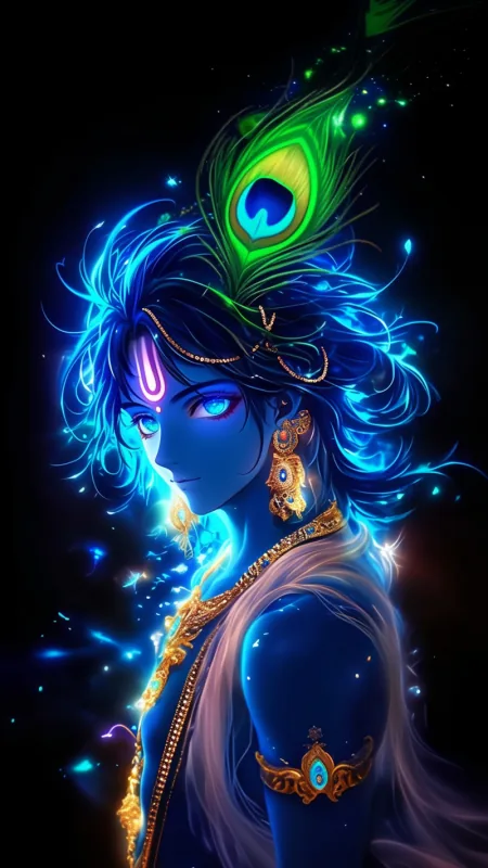 Neon Glow Peacock Feather Radha Krishna Wallpaper