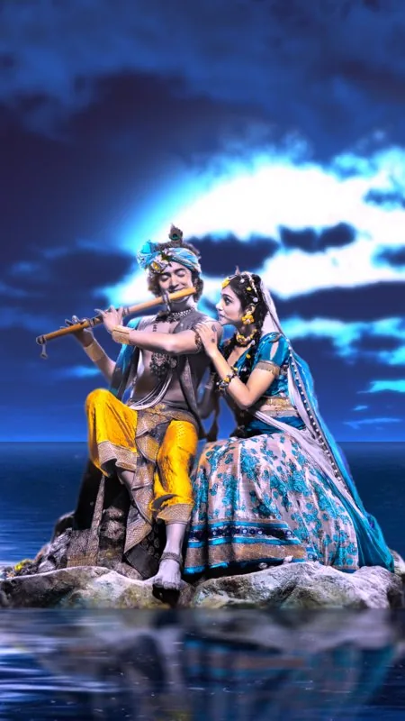 Radha Krishna On Moonlit Rock Wallpaper