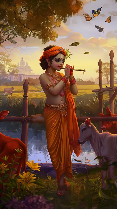 Orange Robed Flute Cowherd Radha Krishna Wallpaper