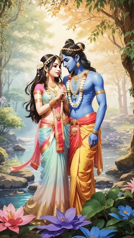 Pastel Blossom Garden Couple Radha Krishna Wallpaper
