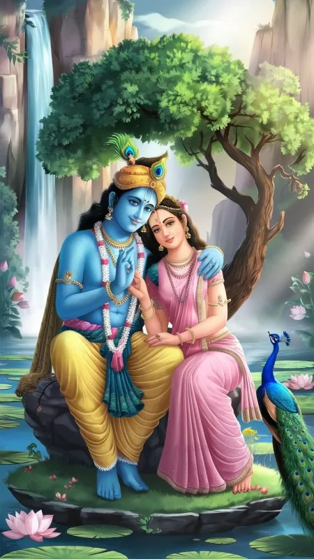 Radha Krishna Peacock Waterfall Wallpaper