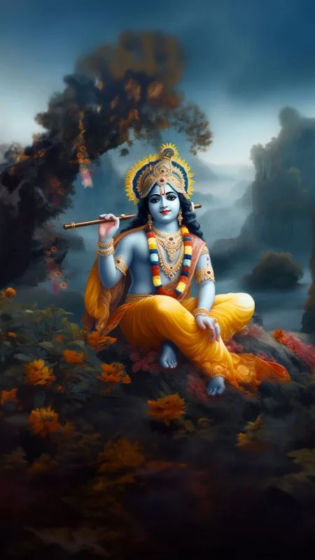 Krishna Resting Amid Marigolds Radha Krishna Wallpaper