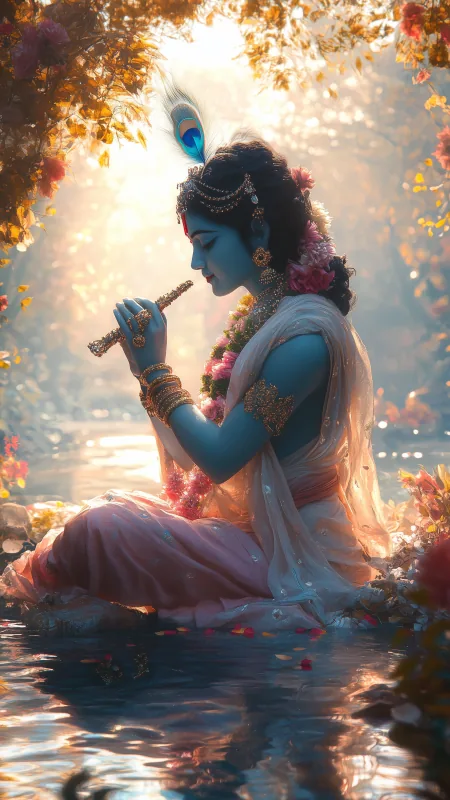 Riverside Flute Golden Autumn Radha Krishna Wallpaper