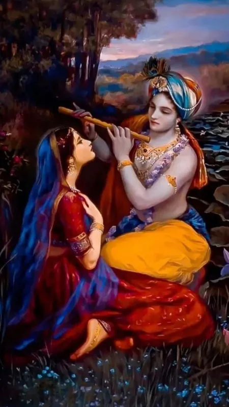 Krishna Serenading Seated Radha Wallpaper