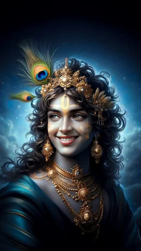 Smiling Krishna Peacock Crown Radha Krishna Wallpaper