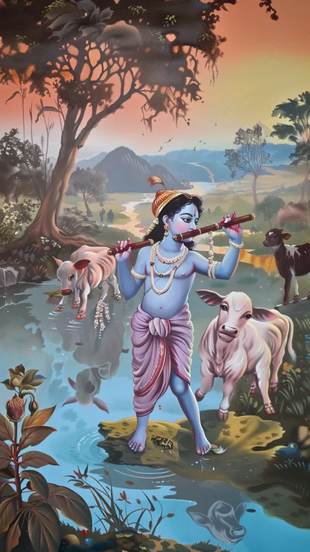 Stream Crossing With Calves Radha Krishna Wallpaper