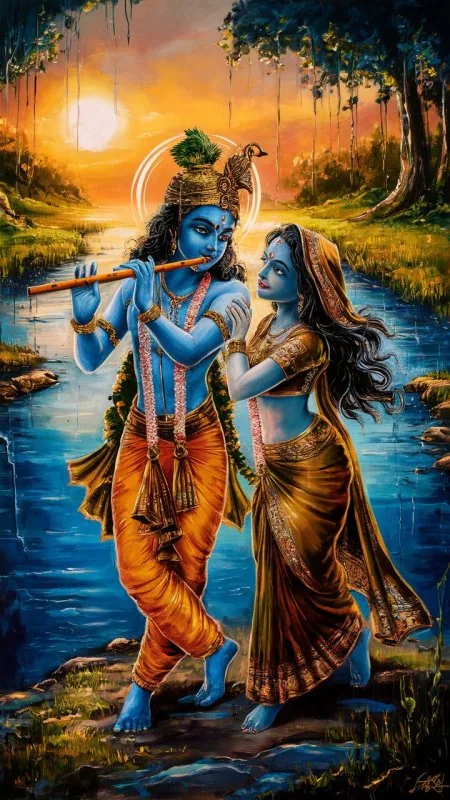 Sunset River Flute Dance Radha Krishna Wallpaper