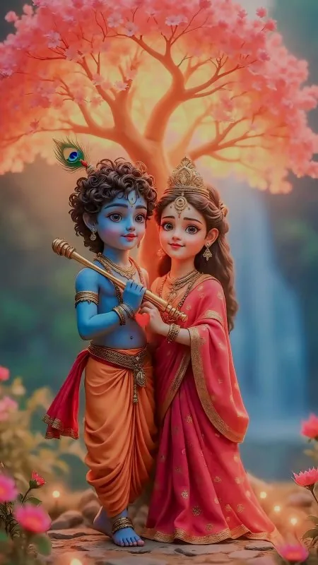 Radha Krishna Under Blossom Tree Wallpaper