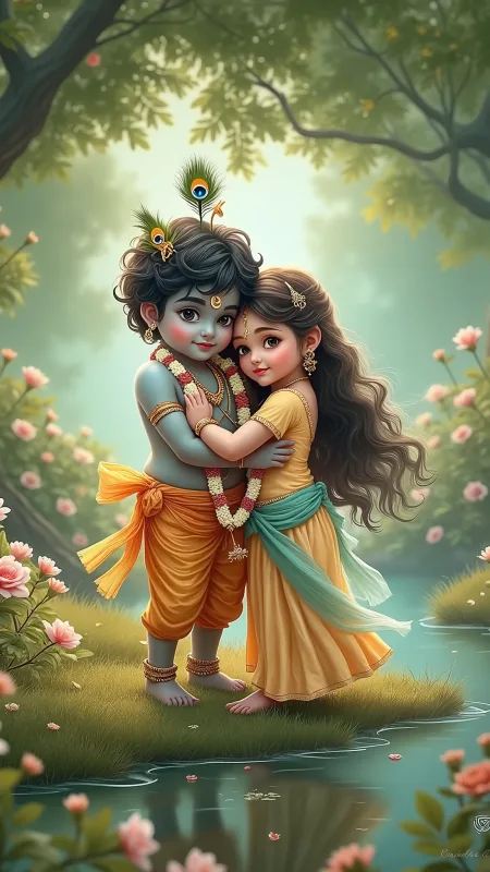 Young Radha Krishna Hug Wallpaper