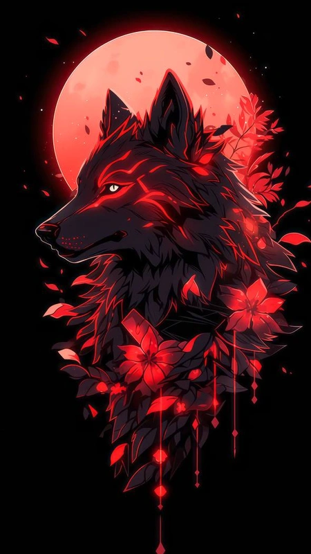 Red Moon Wolf Floral Wallpaper